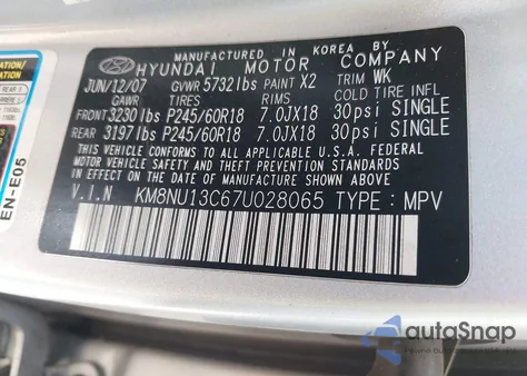2007 Hyundai Veracruz Gls/Limited/Se from USA, damaged, VIN KM8NU13C67U028065
